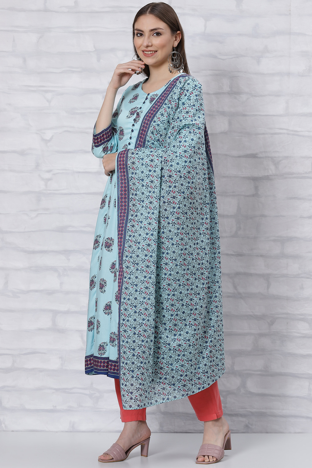 Sky Blue Kalidar Printed Suit Set image number 3